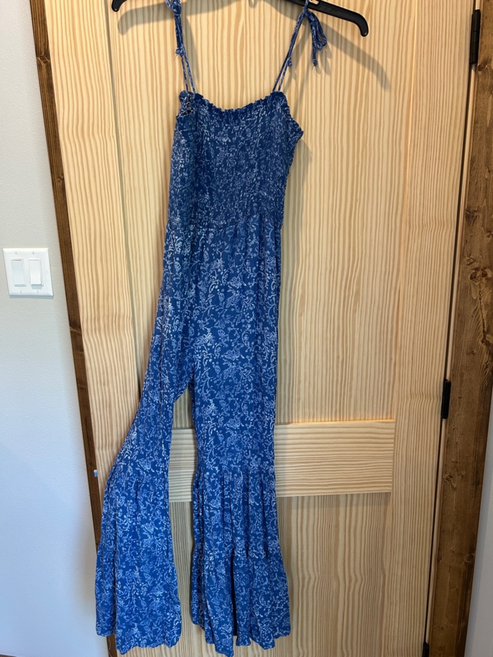 Smocked Blue Floral Wide-Leg Jumpsuit with Tie Straps